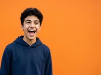 Young male with dark curly hair and olive complexion wearing navy hoodie, expressing joy and excitement against vibrant orange background for advertising and lifestyle campaigns.