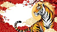 Chinese New Year tiger with traditional red clouds and cherry blossoms on white background for greeting cards and festive decorations.