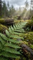 Fresh green fern fronds in natural forest environment with soft bokeh background creating peaceful woodland atmosphere for nature and botanical themes.