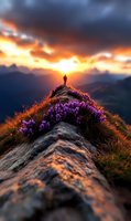 Lone hiker stands atop mountain peak at dramatic sunset, silhouetted against golden sky, with purple wildflowers blooming along rocky ridge in foreground.