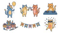 Cute cats holding balloon, giving high five, sitting on presents, celebrating with bunting banner and confetti isolated on white background, ready for greeting cards, children's designs, party invitations and festive merchandise.
