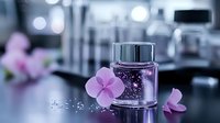 Purple glass ink bottle with delicate pink hydrangea petals on reflective surface against soft bokeh background, creating dreamy artistic composition.