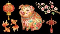 Festive Asian pig figurine with golden decorative patterns, red lantern, flowering branch, koi fish, and traditional knot ornament isolated on transparent background. Ready for t-shirt design, clipart, stickers, sublimation, and print-on-demand products.