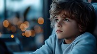 Young boy with curly hair looking thoughtfully out window with warm bokeh lights in background. Child contemplation and dreamy childhood moments concept.