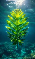 Sunlight streaming through turquoise ocean water illuminates vibrant green tropical leaf floating above coral reef, creating magical underwater nature scene.