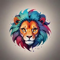 Colorful lion head with vibrant turquoise and purple mane in artistic style on gradient background. Fierce feline portrait with expressive eyes for logo design.