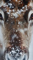 Close-up portrait of a reindeer face with snow flakes on fur, showing intense amber eyes and detailed nose texture in winter setting, dramatic macro photography.