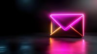 Glowing neon mail envelope icon floating on dark background with pink and orange light reflection on glossy surface, modern communication concept.