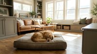 Cozy modern living room interior with golden retriever dog resting on floor cushion, featuring built-in shelving, leather sofa and natural sunlight.
