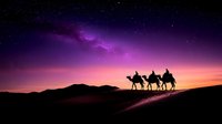 Desert caravan silhouette with camels and riders crossing sand dunes under starry purple night sky with Milky Way galaxy for travel and adventure themes.