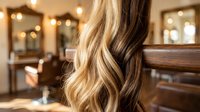 Long wavy blonde hair with highlights showcased in modern salon setting with warm lighting and professional styling chairs in background.