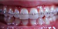 Close-up of teeth with metal braces showing clear brackets on front teeth and orthodontic wire, demonstrating modern dental correction treatment.