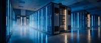 Modern data center with rows of illuminated server racks and networking equipment in a climate-controlled facility, suitable for technology, cloud computing, and IT infrastructure concepts.