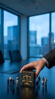 Businessman hand placing justice scales book between miniature people figures in modern office with city skyline view representing legal mediation and conflict resolution.