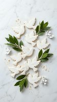 White dove-shaped cookies with royal icing decoration arranged on marble surface with green leaves for peace celebration and religious holidays.