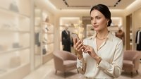 Professional Caucasian businesswoman using smartphone in luxury retail store interior with elegant lighting and modern fashion boutique background.
