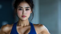 Young Asian woman in blue sports top looking confidently at camera against blurred background, representing wellness and active lifestyle.