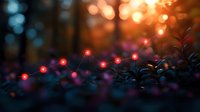 Colorful string lights glowing among green foliage at sunset creating warm bokeh background for holiday decorations and festive outdoor celebrations.