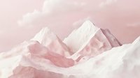 Dreamy mountain landscape in soft pink and white tones, abstract minimalist peaks with snow-capped summits against pastel sky, creating serene nature scenery.