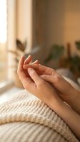 Gentle cupped hands in warm sunlight creating peaceful meditation moment in cozy home interior with soft natural lighting and plants in background.