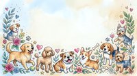 Adorable puppies and dogs border frame with watercolor flowers, hearts and botanical elements on white background for greeting cards and designs.