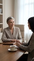 Senior businesswoman mentor meeting with younger colleague in modern office discussing career development and professional guidance.
