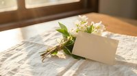 Blank cream card with white flowers and green leaves on marble surface, casting shadows in natural light, suitable for wedding invitations, greeting cards, and stationery design.