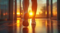 Athletic woman legs in sneakers walking at sunset with golden light streaming through windows, creating dramatic silhouette and reflections on glossy floor.