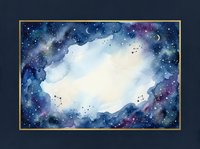 Watercolor galaxy frame with starry night sky border and white center space for text or design elements. Cosmic nebula artwork with gold trim.