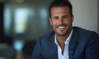 Confident Caucasian businessman with bright smile wearing navy suit and white shirt against blurred office background, representing success and leadership.