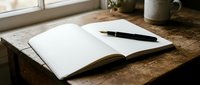 Open notebook with black pen on rustic wooden desk by window, natural lighting for writing, journaling, planning and creative work concepts.