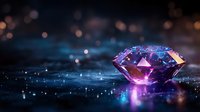 Glowing diamond with purple and blue light reflections on dark wet surface creates magical atmosphere with bokeh effect and water drops.