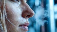 Close up profile of young woman exhaling vapor in cold blue atmosphere with frosty skin effect and visible breath in winter environment.