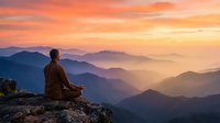Young Asian man meditating in lotus position on mountain peak at sunrise with layered mountain ranges and golden orange sky for wellness and mindfulness content.