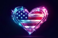 Glowing neon heart with American flag pattern in vibrant blue and pink light trails on dark background for patriotic designs and national celebrations.