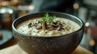 Creamy mushroom soup garnished with fresh herbs and black pepper in rustic ceramic bowl, soft bokeh background creates cozy restaurant atmosphere.