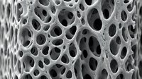 Microscopic view of porous bone structure showing trabecular network with irregular cavities and dense mineralized matrix, suitable for medical and scientific publications.