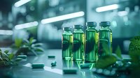 Green glass vials with liquid medicine in laboratory setting, blurred background with bokeh lights and plant leaves, modern pharmaceutical research concept.