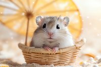 Adorable dwarf hamster sitting in small wicker basket with yellow parasol umbrella in background, soft focus portrait of pet rodent against light setting.