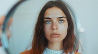Young woman with freckles and striking blue eyes gazes directly at camera in soft natural lighting, expressing confidence and authenticity against blurred turquoise background.