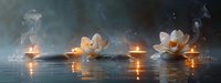 Glowing candles and white lotus flowers floating on calm water surface with rising smoke and reflections creating serene spa atmosphere.