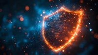 Glowing shield protection symbol with orange energy frame against dark blue background with bokeh lights and particles, cybersecurity concept.