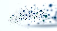 Abstract network visualization with connected dots and lines in blue and green tones on white background, representing digital connectivity and data flow.
