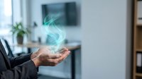 Businessman holding glowing holographic energy sphere in modern office space with technology innovation concept for digital transformation presentations.