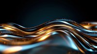 Luxurious flowing waves in metallic gold and deep turquoise create dynamic abstract background with glowing particles and smooth curved lines for luxury designs.