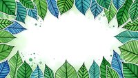 Tropical leaves frame with white copy space center. Green and blue foliage border for natural design projects, invitations, and botanical backgrounds.