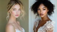 Young diverse women in white lace wedding dresses with natural makeup and romantic hairstyles showcase modern bridal fashion and beauty trends.