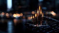 Glowing financial chart rises from digital palm against blurred city lights background, representing growth, investment success and market analysis.