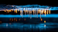 Icicles hanging from frozen edge over dark water with glowing bokeh lights reflecting in blue tones, winter night scene.