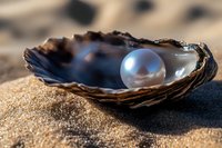 Single white pearl in open oyster shell resting on golden beach sand, illuminated by soft natural light creating luxurious gleam and shadows.
